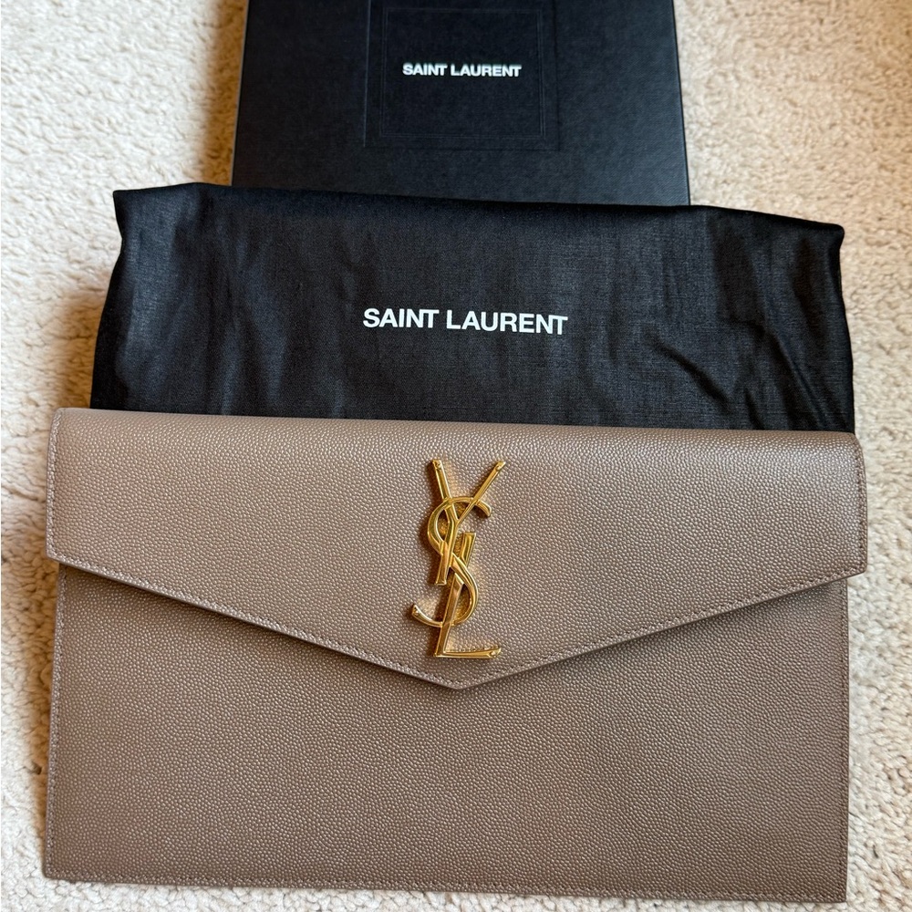 Saint Laurent Beige Envelope Clutch with Gold Emblem